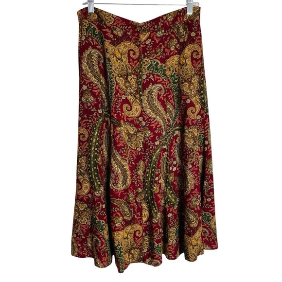 Vintage 90s Koret Midi Skirt Womens 14 Burgundy Paisley Button Up Cottagecore - Picture 2 of 10